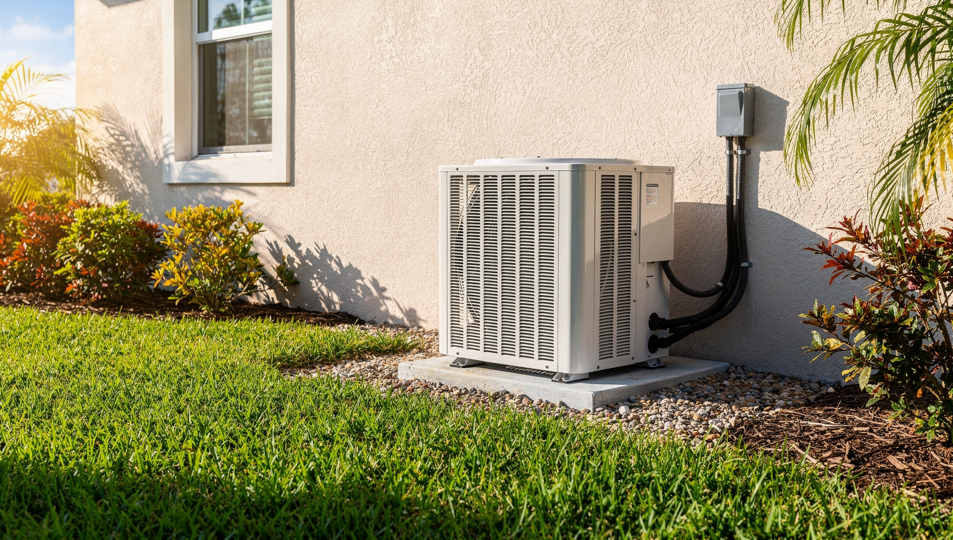 A clean, professionally installed AC condenser beside a Jacksonville home on a green lawn