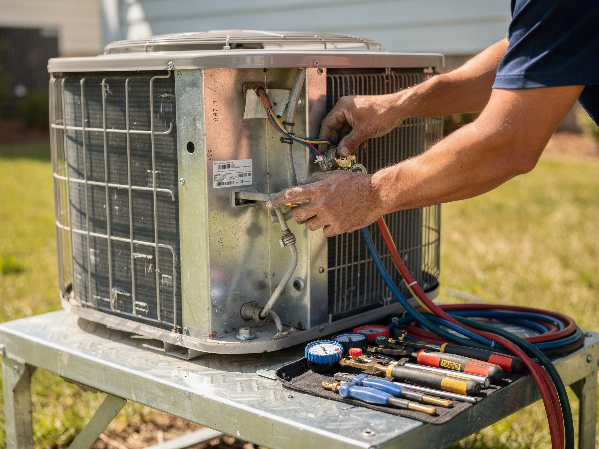 Travis working on an air conditioning unit with gauges and tools in bright daylight