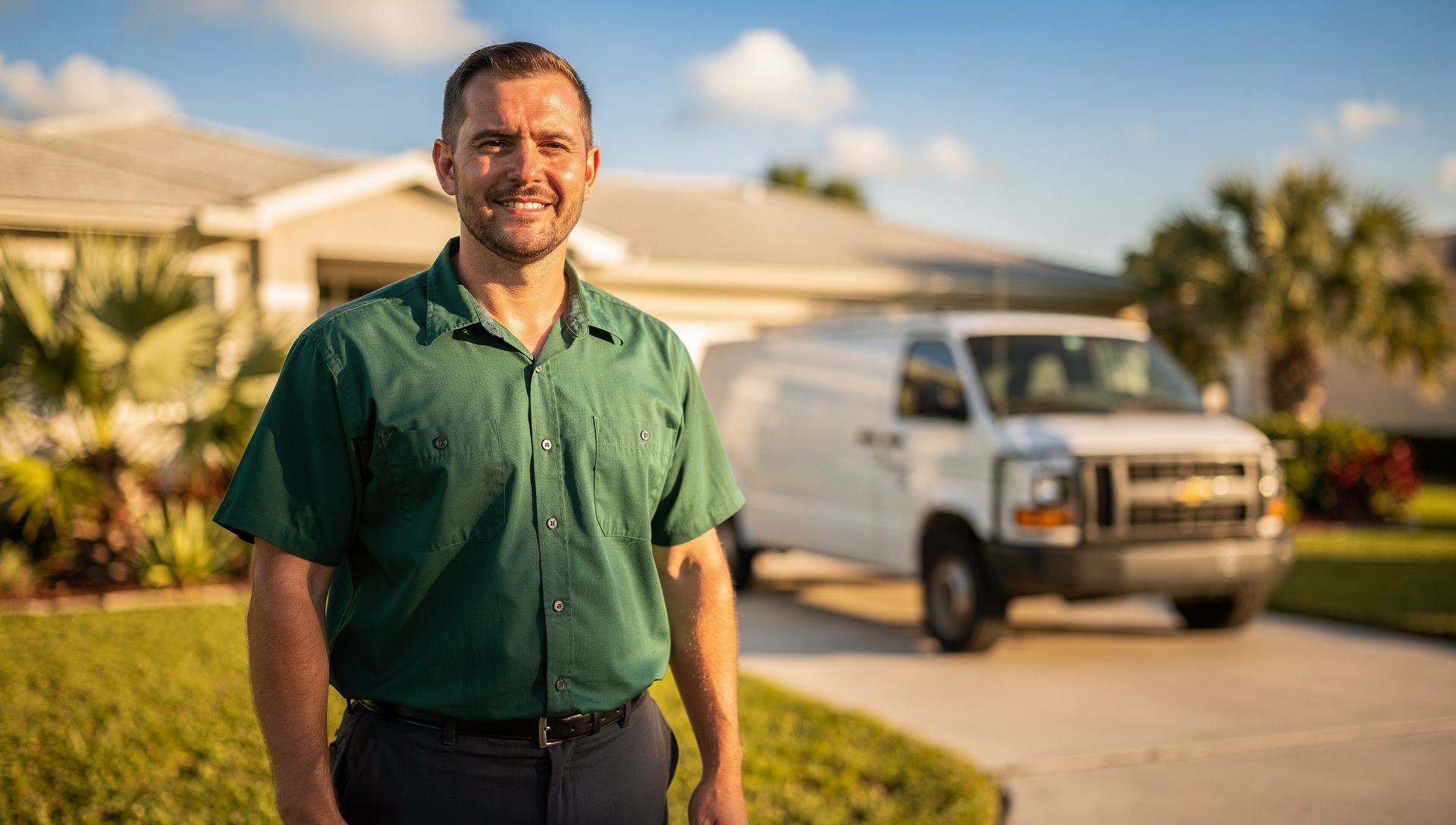 Travis Givens in a forest-green work shirt by his service van in a sunny Jacksonville driveway